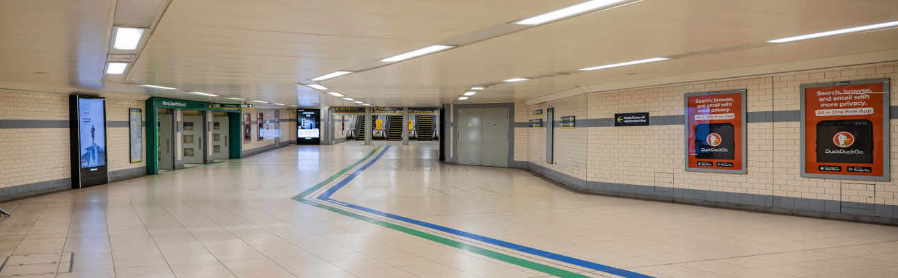 A hallway at Moorfields underground station. 