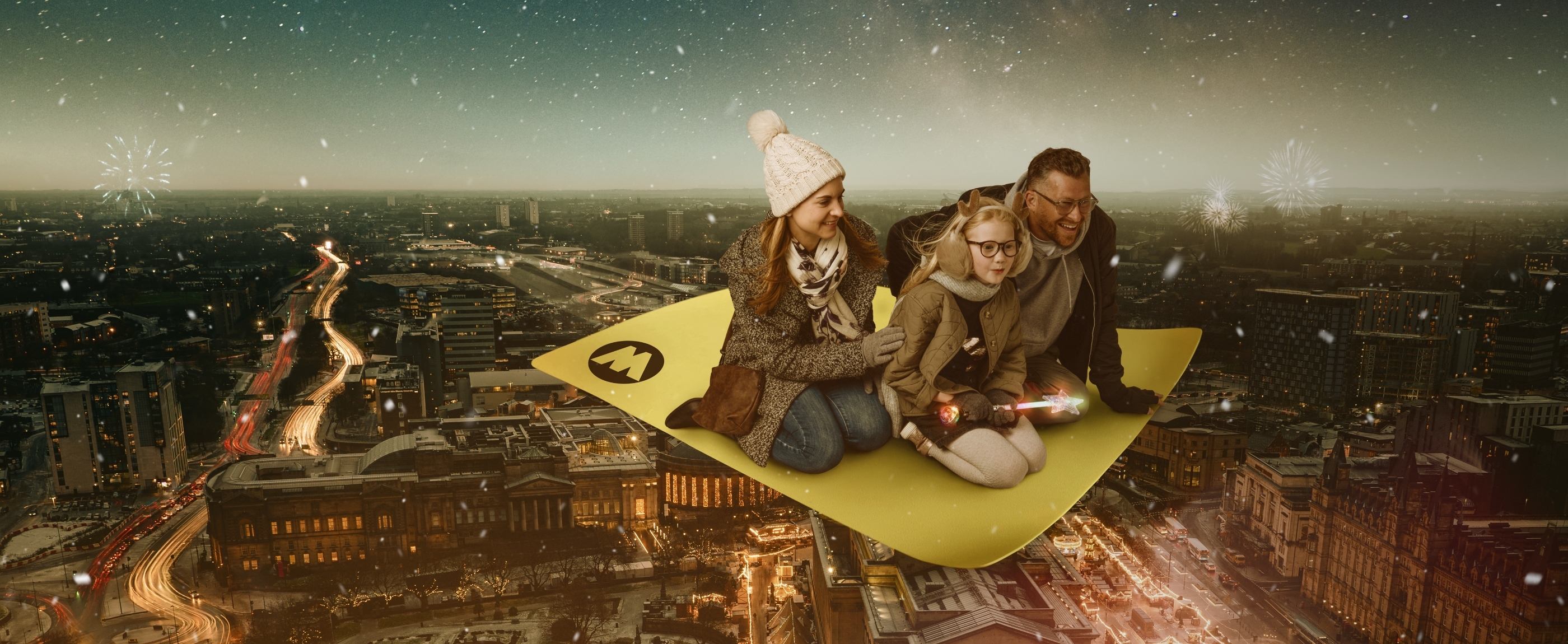 Three people travelling on above Liverpool city centre on a flying carpet. The flying carpet looks like a ticket. 