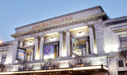 Empire theatre from a low angle at nightime