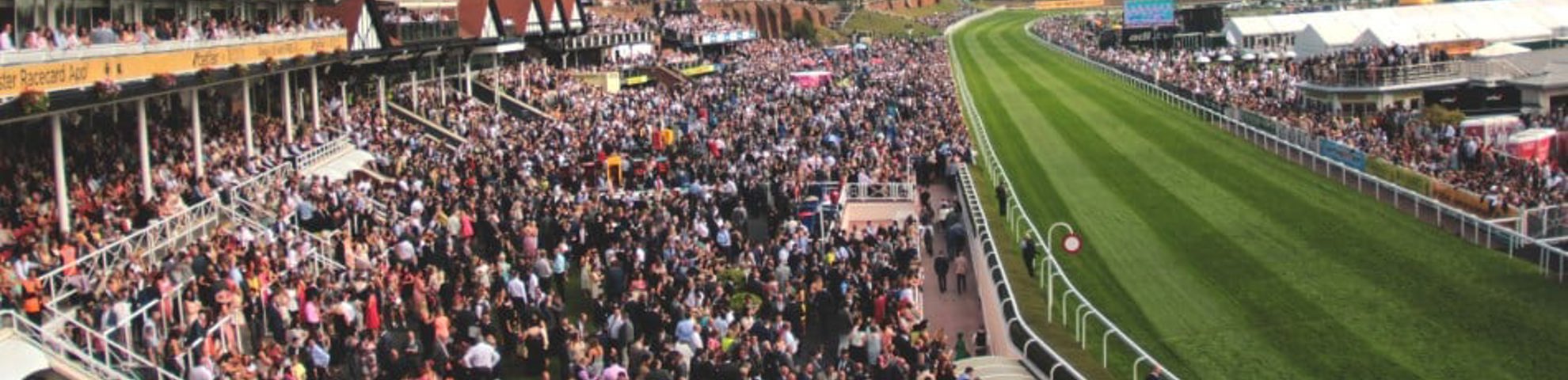 A large crowd outdoors watching the horse racing.