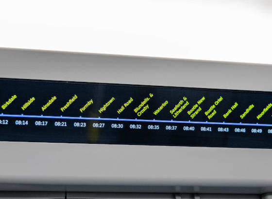 A screen on a 777 train showing a journey. 