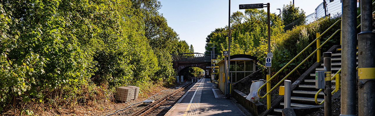 The platform surrounded by trees at Kirkby station. A staircase also appears. 